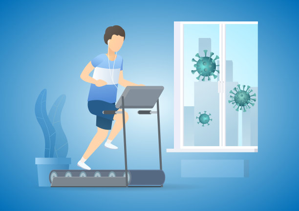 社会孤立和距离。人们呆在家里。体育在线健身锻炼。跑步的人。素材图片