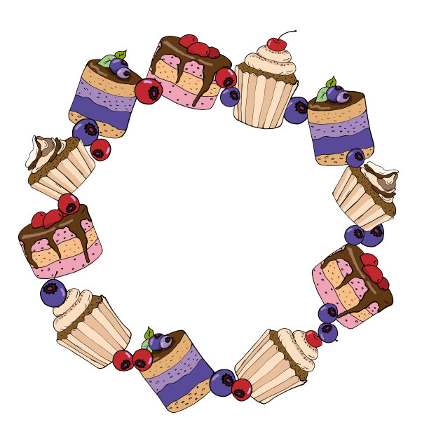 各种甜点，纸杯蛋糕，松饼，蛋糕的框架。明信片、矢量插图。图片下载