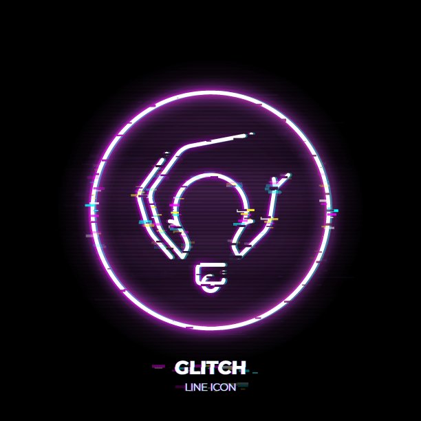 手拿灯泡线条艺术矢量图标。轮廓符号的理念。由细笔画构成的灵感象形文字。80年代的网络朋克风格。图片下载