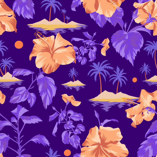 花无缝图案与中国芙蓉玫瑰花。图片下载