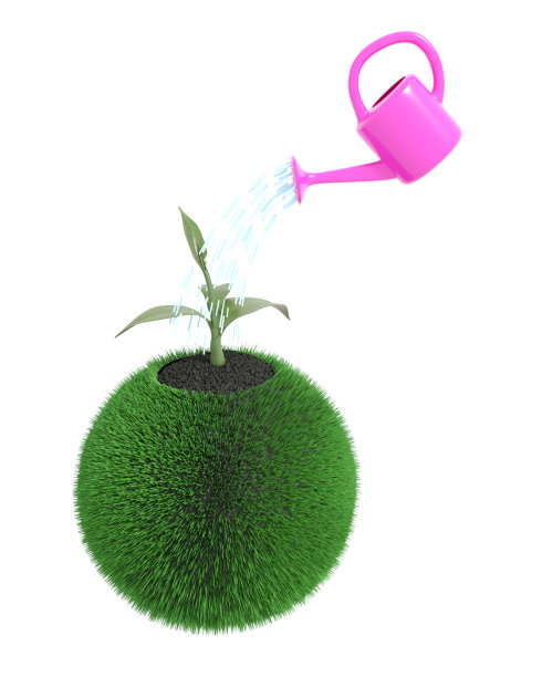 浇一种长在绿色草地上的大叶子植物。孤立在白色背景上。三维演示图片下载