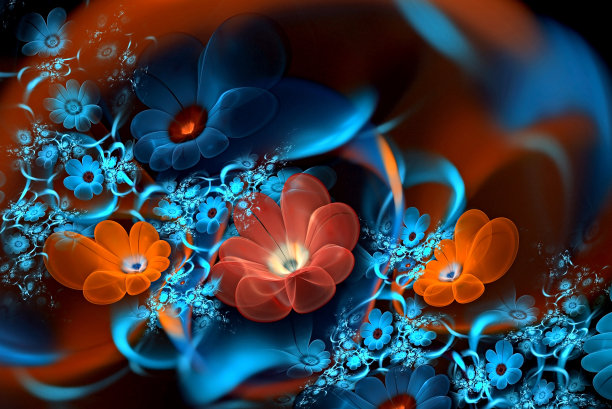 抽象分形三维花在黑暗的背景。彩色图像分形图片下载