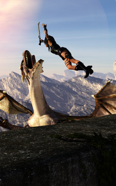 一个女战士跃向飞龙的插图图片下载