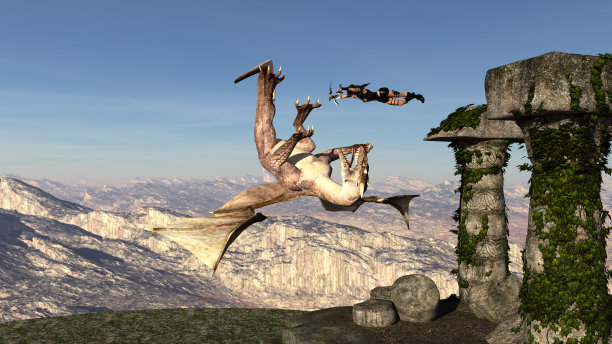 一个女战士跃向飞龙的插图图片下载