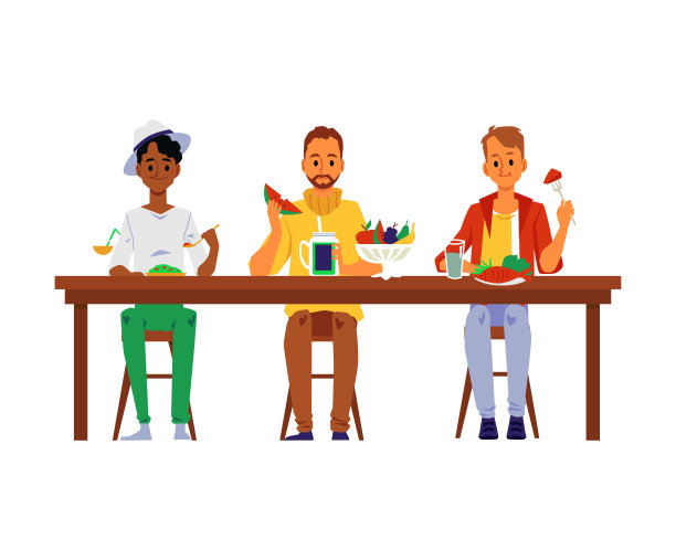 各色卡通男子同桌吃饭，平面矢量插图孤立。图片下载