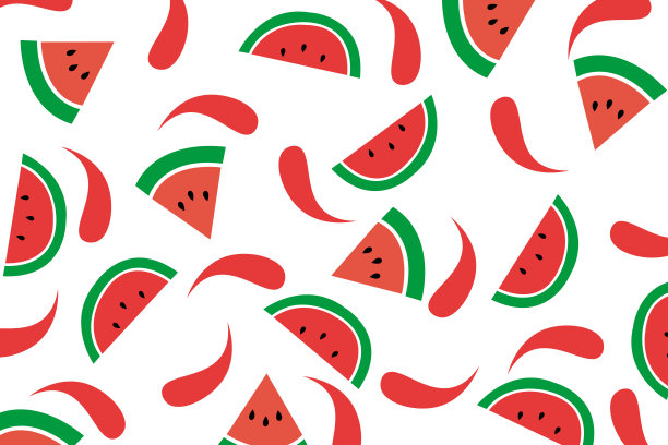 无缝图案西瓜片和抽象的叶子。夏季水果的背景。矢量图图片下载