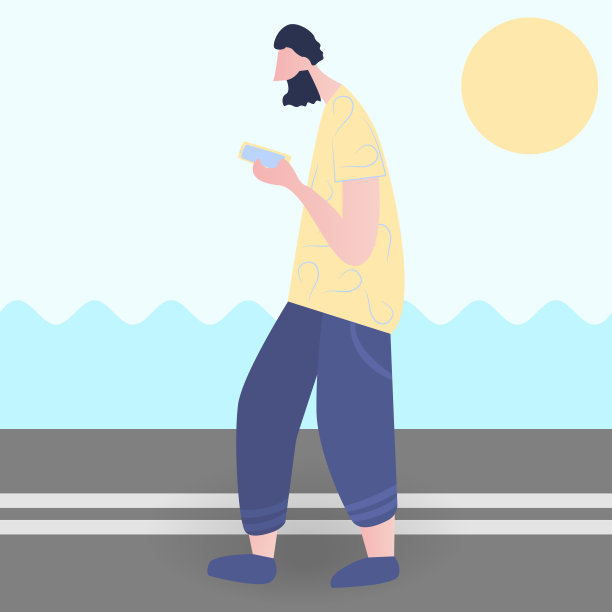 男人看着他的电话走在海边的街道上简单的矢量插图。可爱的彩色人物在时尚的卡通扁平风格发送信息。艳阳当空图片下载