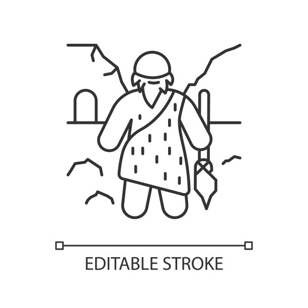 穴居人线性图标。史前长胡子的人。手持长矛的原始猎人。晚年的尼安德特人。细线说明。轮廓的象征。矢量孤立轮廓绘制。可编辑的中风图片下载