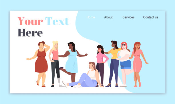 女性登陆页面矢量模板。身体正面网站界面构思，平面插图。不同国籍的微笑女士主页布局。女权主义网页横幅，网页卡通概念图片下载