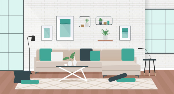 客厅内部有舒适的沙发，咖啡桌和植物图片下载