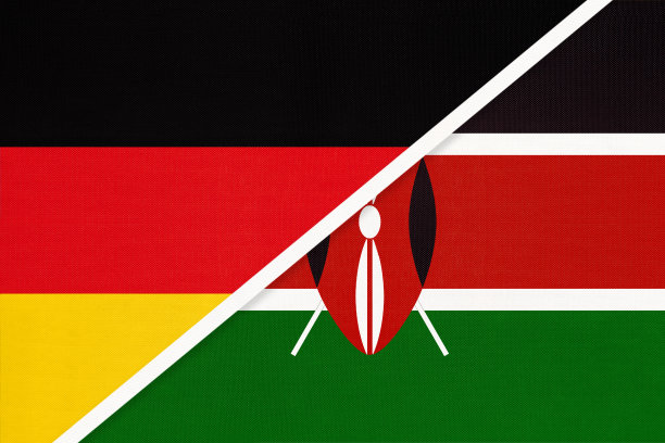 德国vs肯尼亚，两国国旗的象征。欧洲和非洲国家之间的关系。图片下载