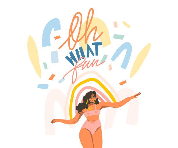 手绘矢量抽象股票图形插图与快乐的女性和手写积极哦，什么有趣的引用文本和拼贴形状孤立在白色的背景图片下载