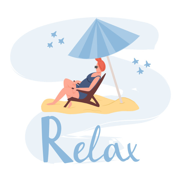 放松矢量卡片模板与手绘字体。一个穿着泳衣的女人坐在沙滩上的日光浴床上。图片下载