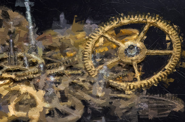 印象派风格艺术品的手表零件:收集复古金属手表齿轮上的黑色表面图片下载