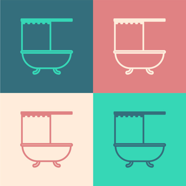 彩色线浴缸与打开淋浴帘图标图片下载