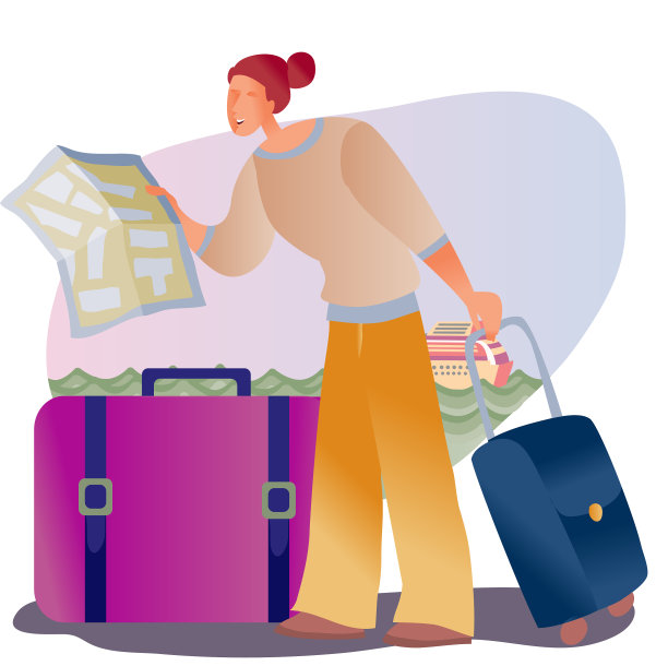 女游客，提着旅行箱，手里拿着地图图片下载