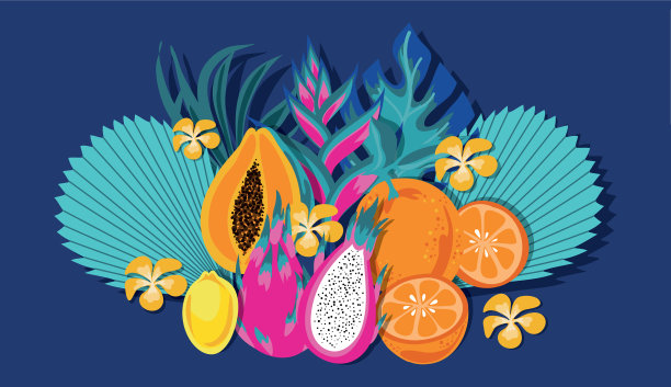 热带水果和树叶装饰图片下载