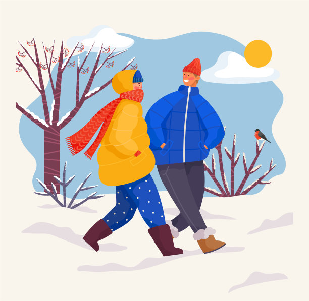 男人和女人穿着暖和的衣服在公园里散步图片下载