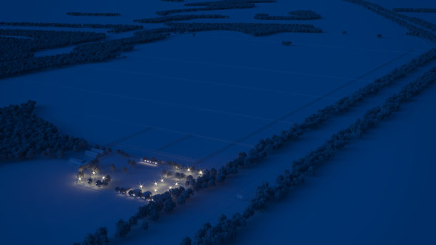 农场概念与建筑，停车场的汽车，儿童游乐场。3 d渲染。图片下载