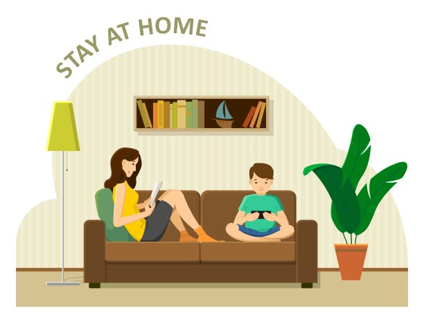 一个年轻的女人和一个男孩坐在沙发上，一边看书，一边玩智能手机游戏。母子呆在家里，隔离、隔离、联合活动。矢量图像。图片下载