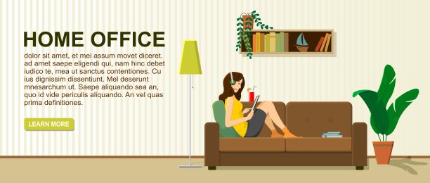 坐在沙发上拿着平板电脑的女孩。家庭办公室，在家远程办公;背景信息图。自由职业者，在线教育或社交媒体概念。平面风格现代矢量插图。图片下载