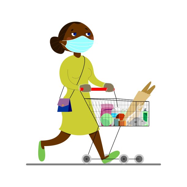 年轻的非洲裔美国妇女，推着一辆购物车。妈妈在商店里走来走去，买杂货和食物。皮肤黝黑，穿着裙子，拿着手提包的女人。图片下载
