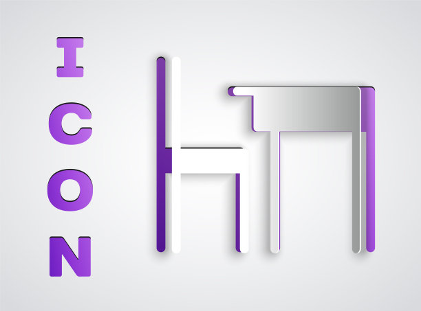 剪纸学校桌子和椅子教室图标孤立在灰色背景。学校的桌子上。纸艺术风格。矢量图图片下载