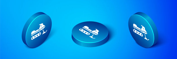 等距雪地车图标孤立在蓝色背景。玩雪地摩托车的迹象。极限运动。蓝色圆按钮。矢量图图片下载