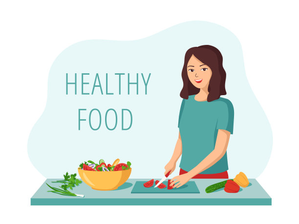 年轻快乐的女人准备新鲜蔬菜沙拉。来自农产品的健康有机食品的概念。素菜，素菜。卡通矢量插图图片下载