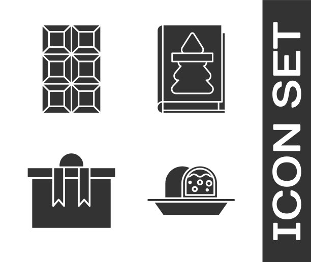 集杏仁软糖海绵蛋糕，巧克力棒，礼盒和圣诞书图标。向量图片下载