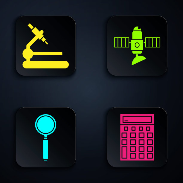 设置计算器，显微镜，放大镜和卫星。黑色方形按钮。向量图片下载