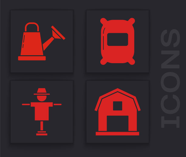 设置农场的概念，喷壶，面粉袋和稻草人的图标。向量图片下载