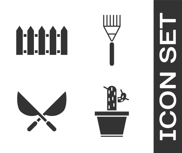 设置仙人掌和多汁植物在花盆，花园栅栏木制，园艺手工剪刀和花园耙子图标。向量图片下载