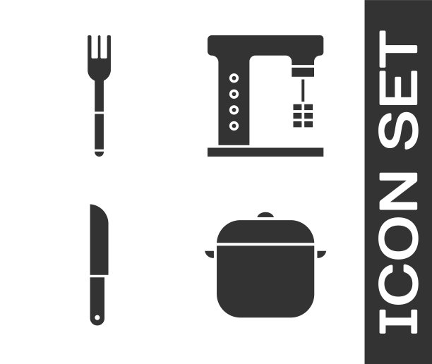 设置烹饪锅，叉子，刀和电动搅拌器图标。向量图片下载