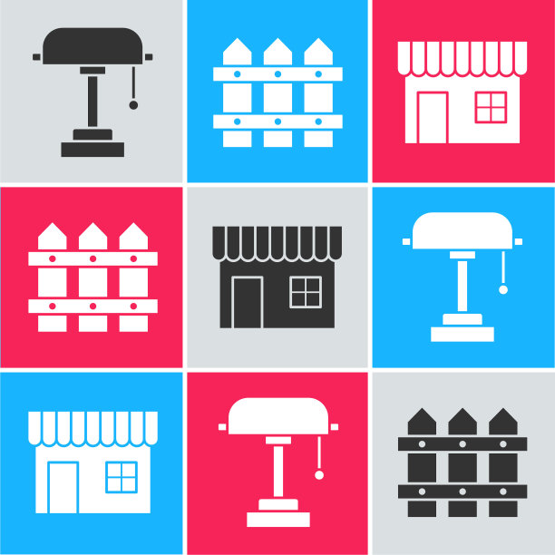 设置台灯，花园围栏木制和购物大楼或市场商店图标。向量图片下载