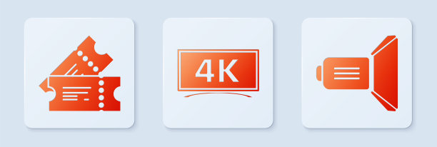 设置屏幕电视4k超高清视频技术，电影票和电影聚光灯。白色正方形按钮。向量图片下载