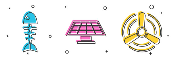 设置鱼骨架，太阳能电池板和风力涡轮机图标。向量图片下载