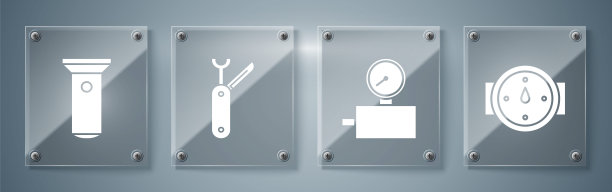 设置风升，仪表刻度，瑞士军刀和手电筒。方形玻璃面板。向量图片下载