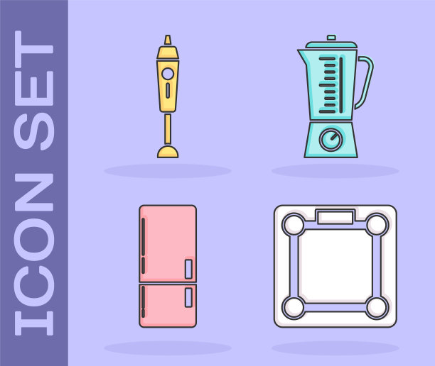 设置浴室秤，搅拌机，冰箱和搅拌机图标。向量图片下载