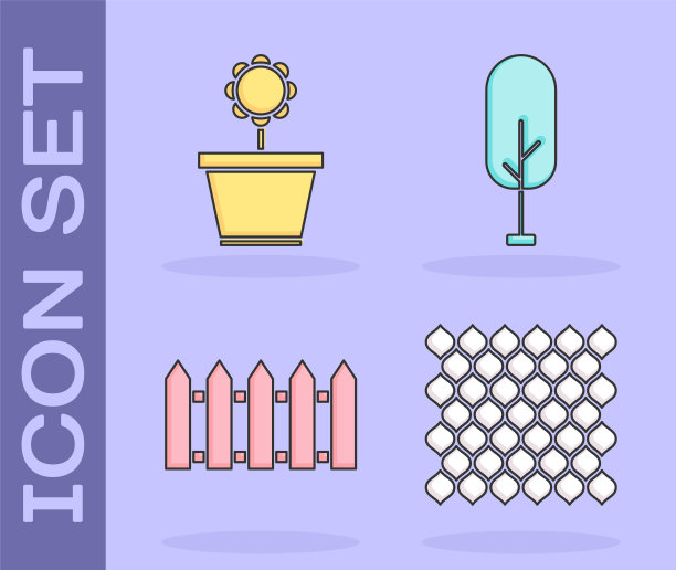 设置花园栅栏木制，花在花盆，花园栅栏木制和树的图标。向量图片下载