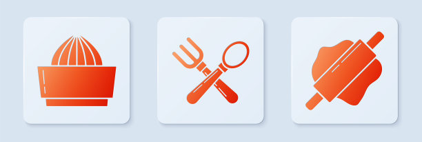 设置交叉叉和勺子，柑橘果汁机和擀面杖。白色正方形按钮。向量图片下载