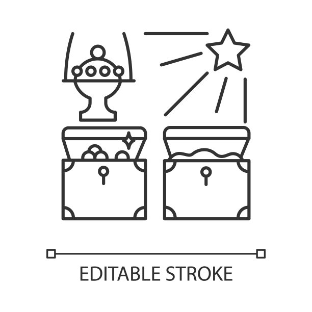 麦琪的礼物线性图标。星星照亮的珍宝。圣诞假期。主显节快乐一天。细线说明。轮廓的象征。矢量孤立轮廓绘制。可编辑的中风图片下载
