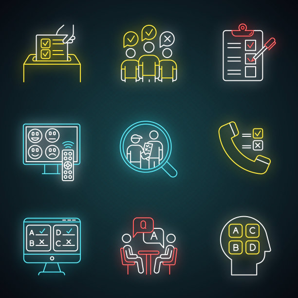 调查方法霓虹灯图标设置。电话,在线调查。评级。面试。公众舆论。客户满意度、审查。反馈。评估。发光的迹象。向量孤立的插图图片下载