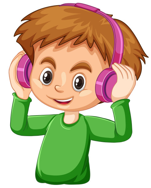 可爱的男孩戴着粉色耳机，白色背景图片下载