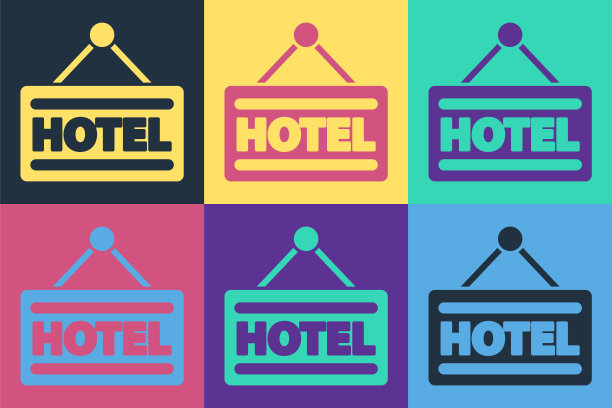 流行艺术招牌户外广告与文字酒店图标孤立的颜色背景。矢量图图片下载