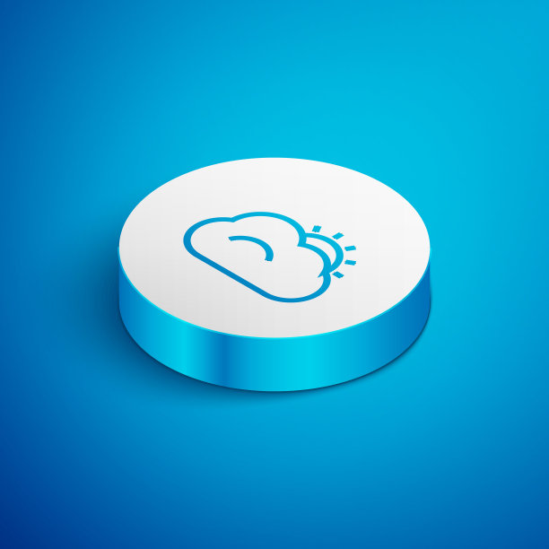 等距线太阳和云天气图标孤立在蓝色背景。白色的圆按钮。矢量图图片下载