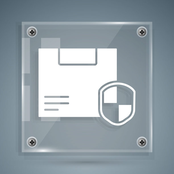 白色交付安全与盾牌图标隔离在灰色背景。交付保险。保险的纸箱在盾牌外面。方形玻璃面板。矢量图图片下载