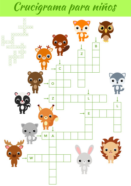 填字游戏的孩子。填字游戏与图片。儿童活动练习表彩色打印版。学习西班牙语单词的教育游戏。矢量插图。图片下载