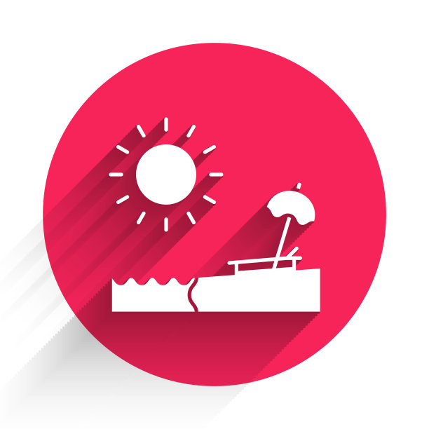 白色沙滩与伞和椅子图标孤立与长影子。热带海滩的风景。好晴天。红色圆圈按钮。矢量图图片下载