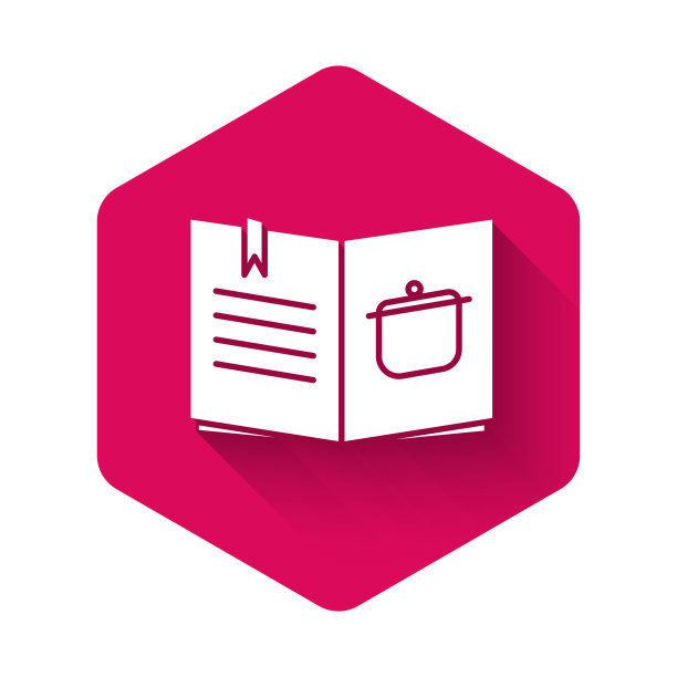白色食谱图标孤立与长影子。烹饪书图标。菜谱的书。叉子和刀的图标。餐具的象征。粉红色的六角按钮。矢量图图片下载